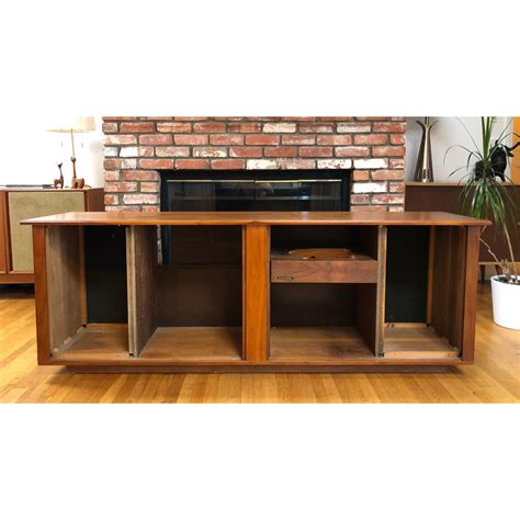 Vintage Danish Modern Walnut Tambour Door Stereo Cabinet Credenza By