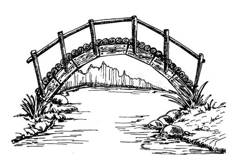 Stone Bridge Over River Landscape Sketch Retro Stock Illustration