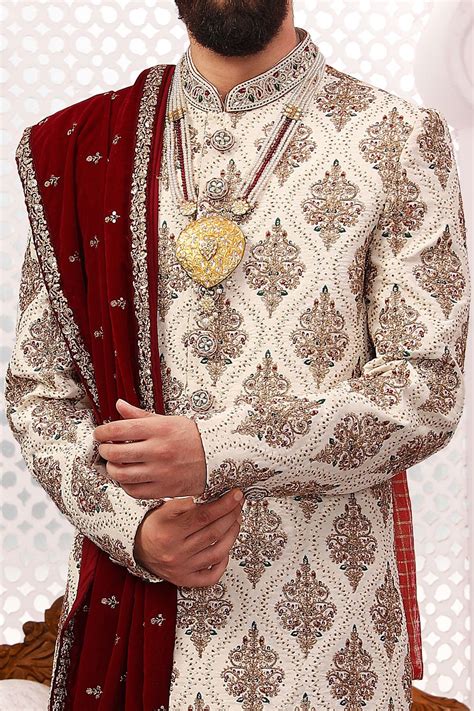 Buy Cream Art Banarasi Silk Mens Sherwani NMK 5536 Online