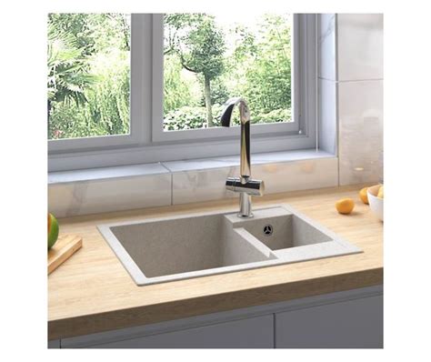 Кухненска мивка с преливник, двойно корито, бежова, гранит - Vivre