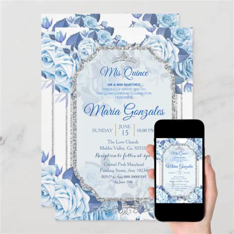 Pastel Blue Floral Roses Mis Quince Invitation Zazzle