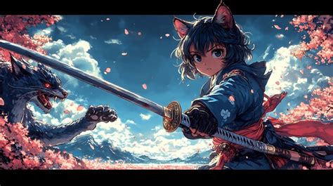 Anime Girl Warrior With Cat Ears And A Sword In A Sakura Forest