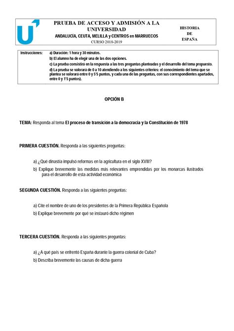 Examen De Historia De España Pevau De Andalucía Convocatoria De