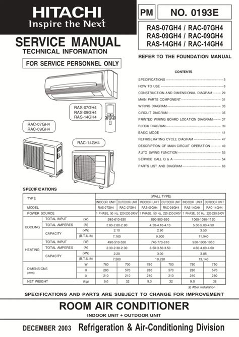 Hitachi Air Conditioner Service Manual Model RAS-07GH4