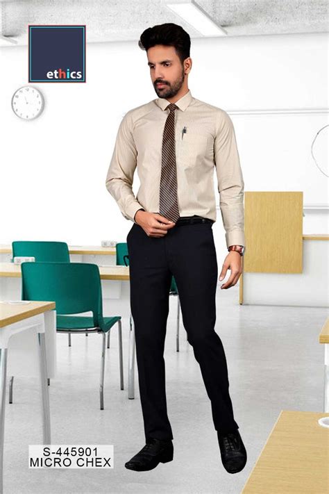 Beige Micro Chex Formal Uniform Unstitched Shirt Pant For Corporate