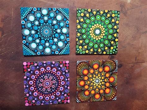 Hand Painted Coasters Set Of 4 Mandala Design Dot Painting Etsy