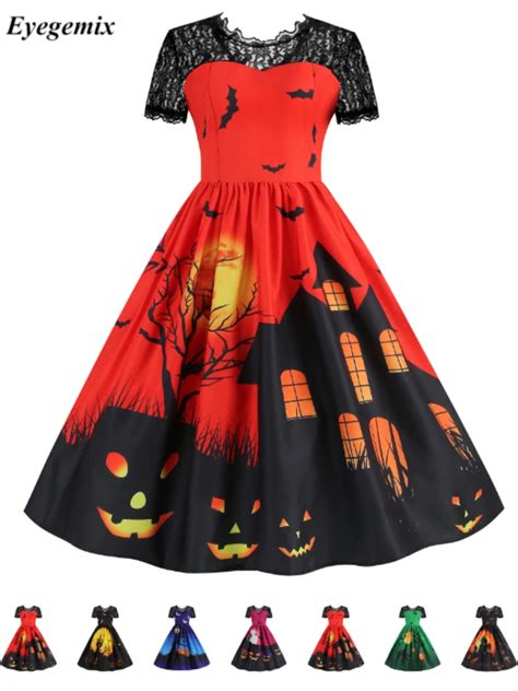 Lace Halloween Christmas Dress Women Short Sleeve 50s 60s Vintage Party