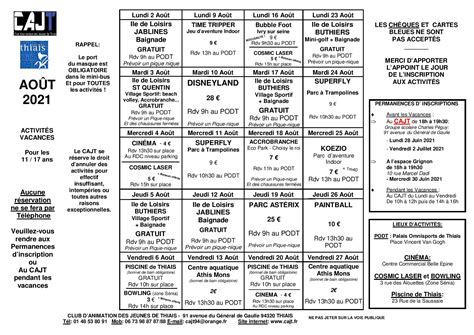 Planning Des Vacances D T Au Cajt Club D Animation Des Jeunes