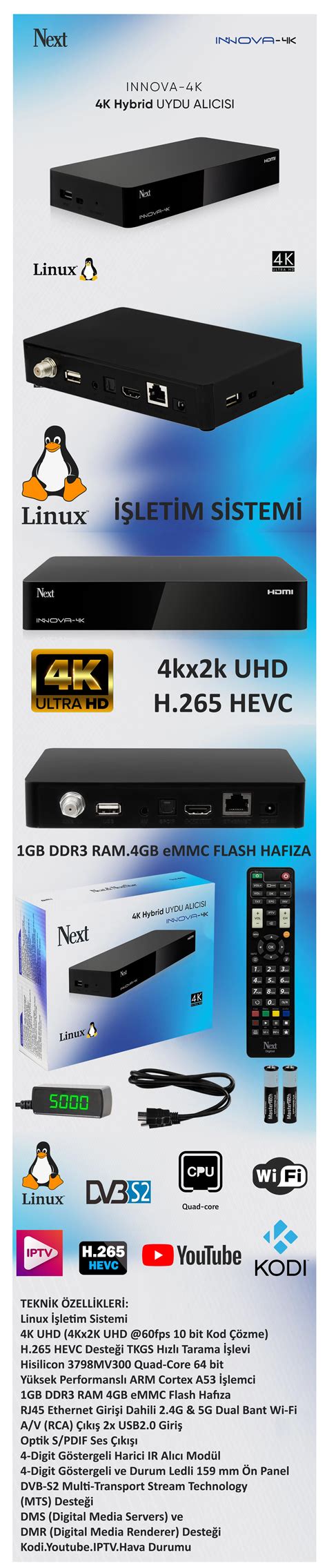 Next innova 4k uydu alıcı mini 4k hibrit iptv dahili wifi ethernet