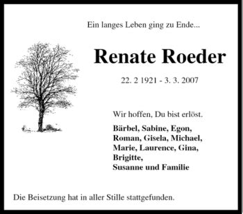 Traueranzeigen Von Renate Roeder Trauer In NRW De