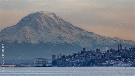 Mount Rainier Towers Over Tacomas North End And Waterfront Areas