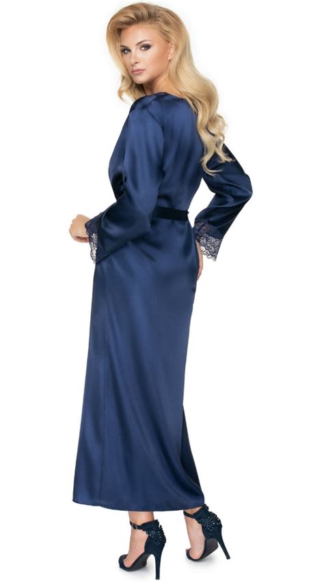 Navy Blue Satin Dressing Gown Bedtime Flirt