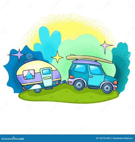 Car And Caravan Travel Outdoor Rv Car Vector Illustration On White