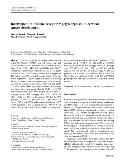 Pdf Involvement Of Toll Like Receptor 9 Polymorphism In Cervical Cancer Development