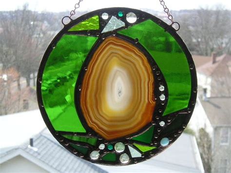 Round Stained Glass With Agate Green Glass By Creativespiritglass