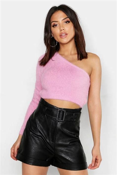 Womens One Shoulder Fluffy Knitted Top Boohoo Uk Womens Skirt