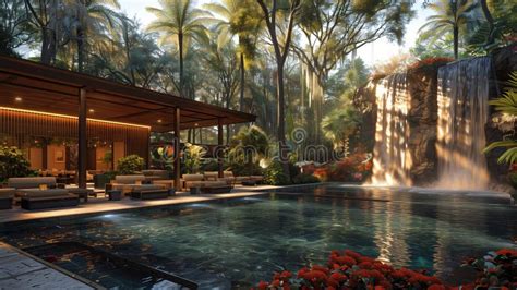 modern patio design  lush tropical greenery pool  waterfall