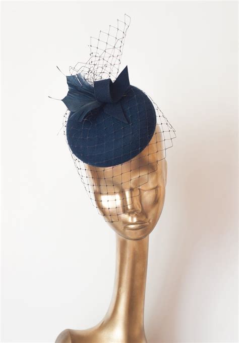 Navy Blue Felt Fascinator With Veil And Feathers Bridal Fascinator