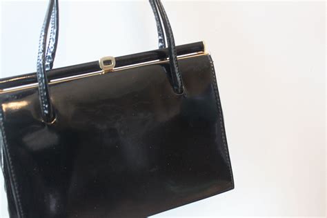 Black Patent Leather Style Handbag C1960s Mid Century Vintage Etsy Uk Leather Fashion