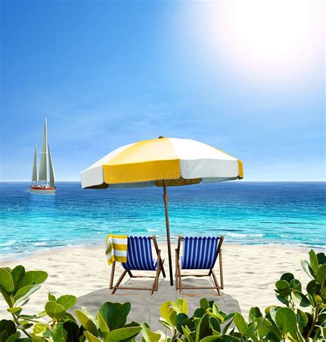 Beautiful Beach With White Sand Two Chairs Umbrella And A Sail Stock