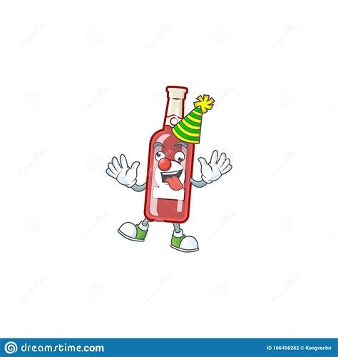 Cute Clown Champagner Rote Flasche Auf Cartoon Stil Design Platziert