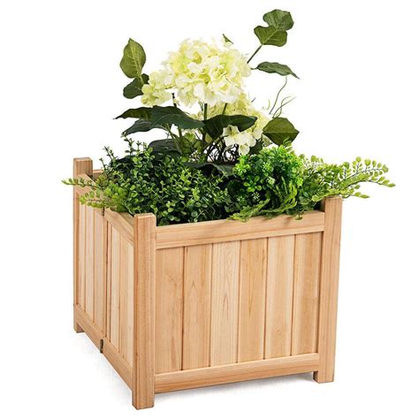 Costway 15 In L X 15 In W X 14 In H Beige Wood Square Flower Planter