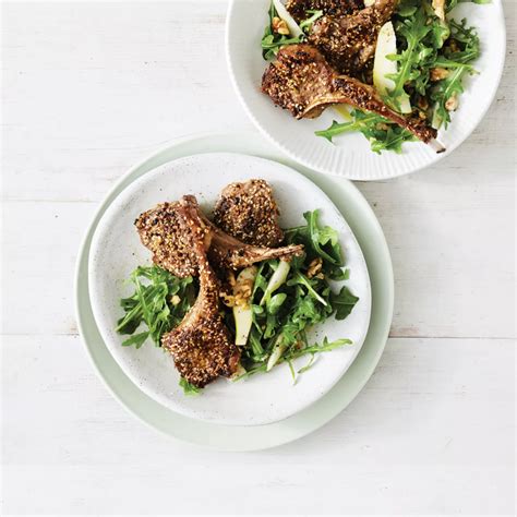 Dukkah Crusted Lamb Cutlets With Rocket And Pear Salad Recipe Woolworths