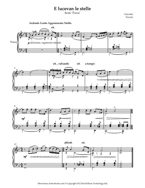 Puccini E Lucevan Le Stelle From Tosca Sheet Music For Piano 8notes