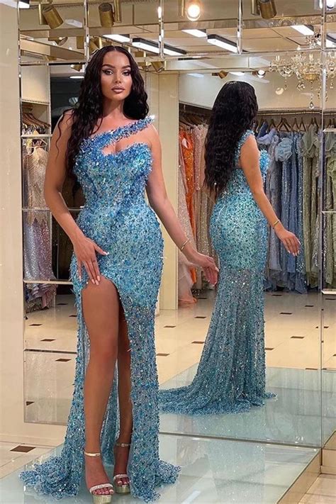 Miabel Stylish Blue Slit Mermaid Strapless Prom Dress With Beadings