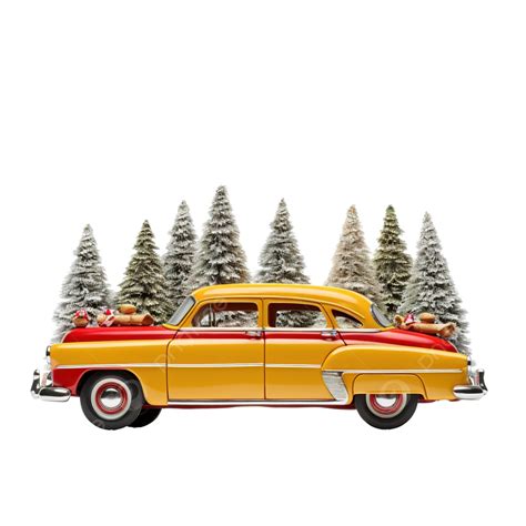 Red Santa Car With In Yellow Winter Cap And Christmas Tree Forest