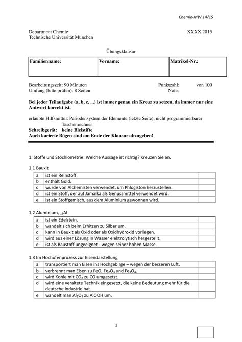 Probeklausur Fragen Department Chemie Xxxx Technische