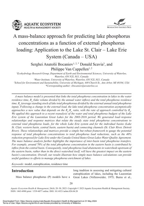 PDF A Mass Balance Approach For Predicting Lake Phosphorus