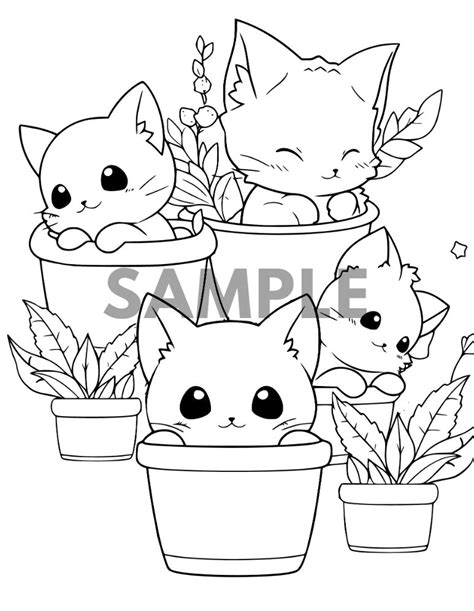 Kawaii Cat Coloring Pages for Coloring Books - Etsy