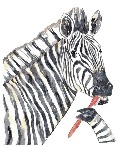 Zebra Brushing Teeth Bath Watercolor Painting By Maryna Salagub Fine