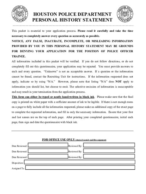 Fillable Online Personal History Statement Police Example Form Fax