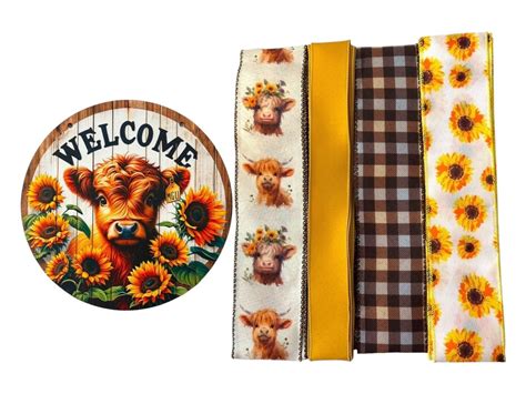 Highland Cow Sunflower Wood Welcome Sign And Ribbon Bundle Fall Wreath