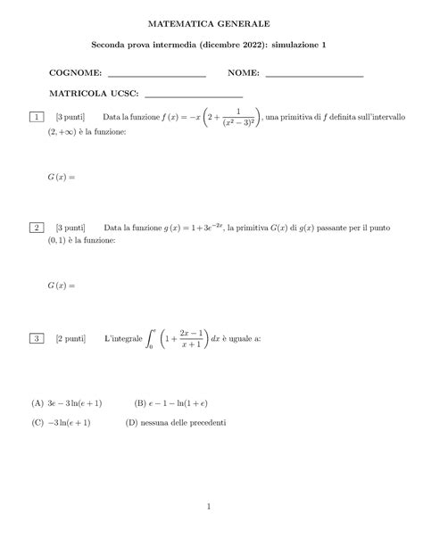 Simulazione Secondo Parziale 1 MATEMATICA GENERALE Seconda Prova