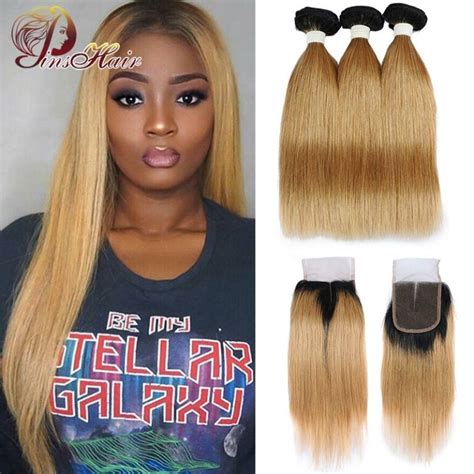 Honey Blonde Bundles With Closure Peruvian Straight Hair Ombre 3