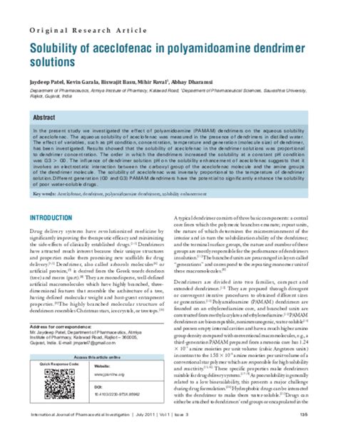 Pdf Solubility Of Aceclofenac In Polyamidoamine Dendrimer Solutions