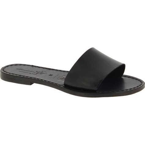 Womens Leather Slides Sandals In Black Leather Handmade The Leather