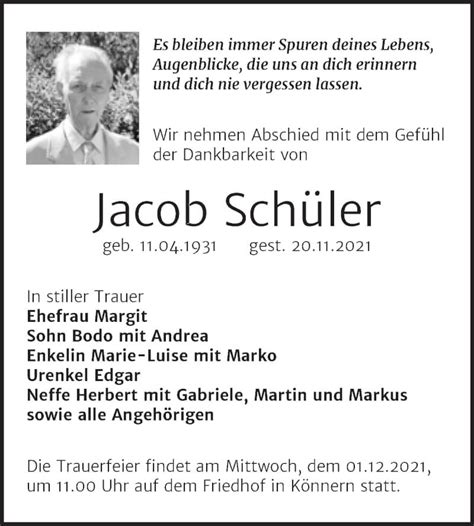 Traueranzeigen von Jacob Schüler abschied nehmen de