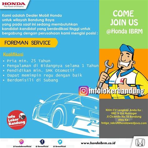 Lowongan Kerja Foreman Service Service Advisor Honda Ibrm Bandung