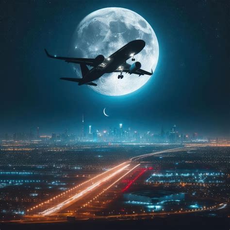 Premium Photo A Plane Is Flying Over A City At Night With A Full Moon