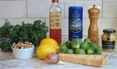 Kale And Brussels Sprout Salad With Walnuts Parmesan And Lemon Mustard