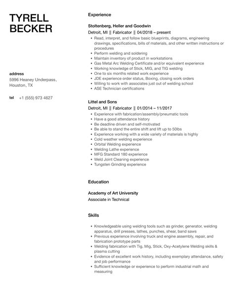 Fabricator Resume Samples | Velvet Jobs