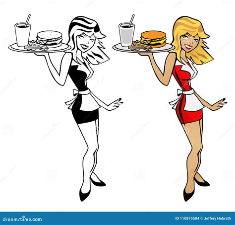 Waitress Woman Holding Food Tray With Burger Fries And Drink Cartoon