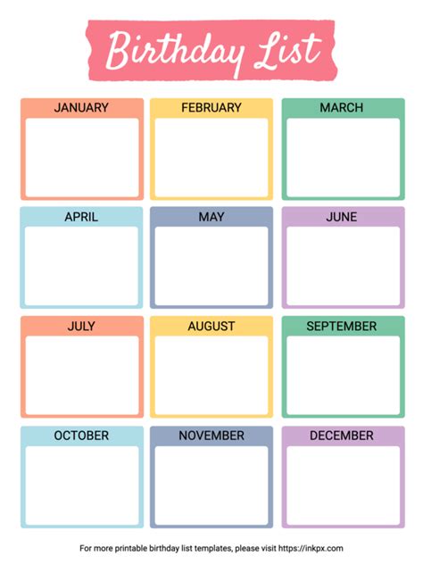 Free Printable Tab Style Colorful Birthday List Template Inkpx