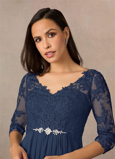 Azazie Hayek Dark Navy A Line V Neck Lace Chiffon Dress Azazie