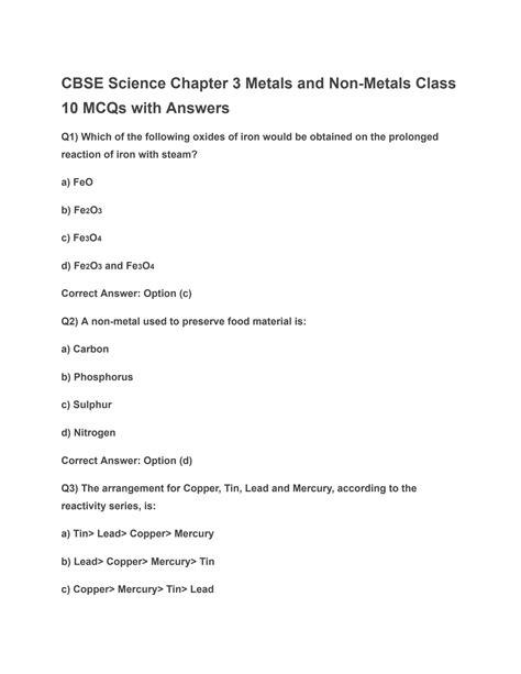 SOLUTION Cbse Science Chapter 3 Metals And Non Metals Class 10 Mcqs