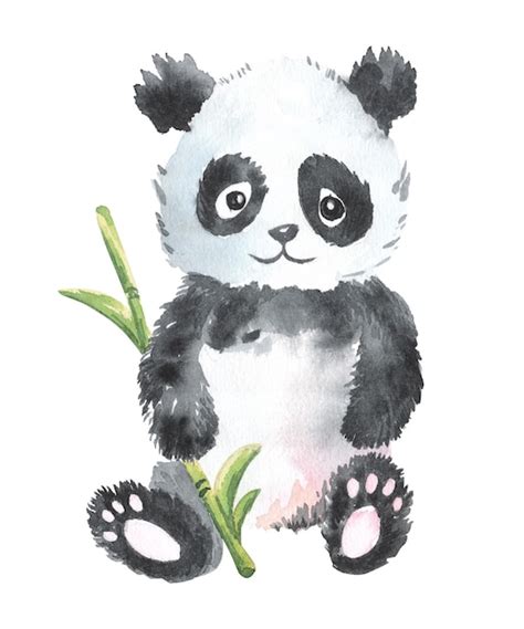 Ilustração em aquarela panda fofo e bastão de folha de bambu Foto